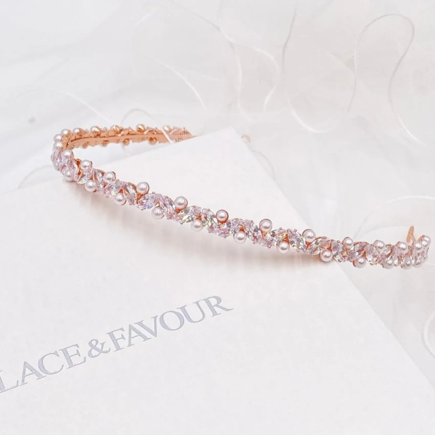 Lace & Favour Prom Headbands & Tiaras | Pearl Hair Accessories*Rochelle Rose Gold Narrow Crystal and Pearl Headband Ivory/ Rose Gold