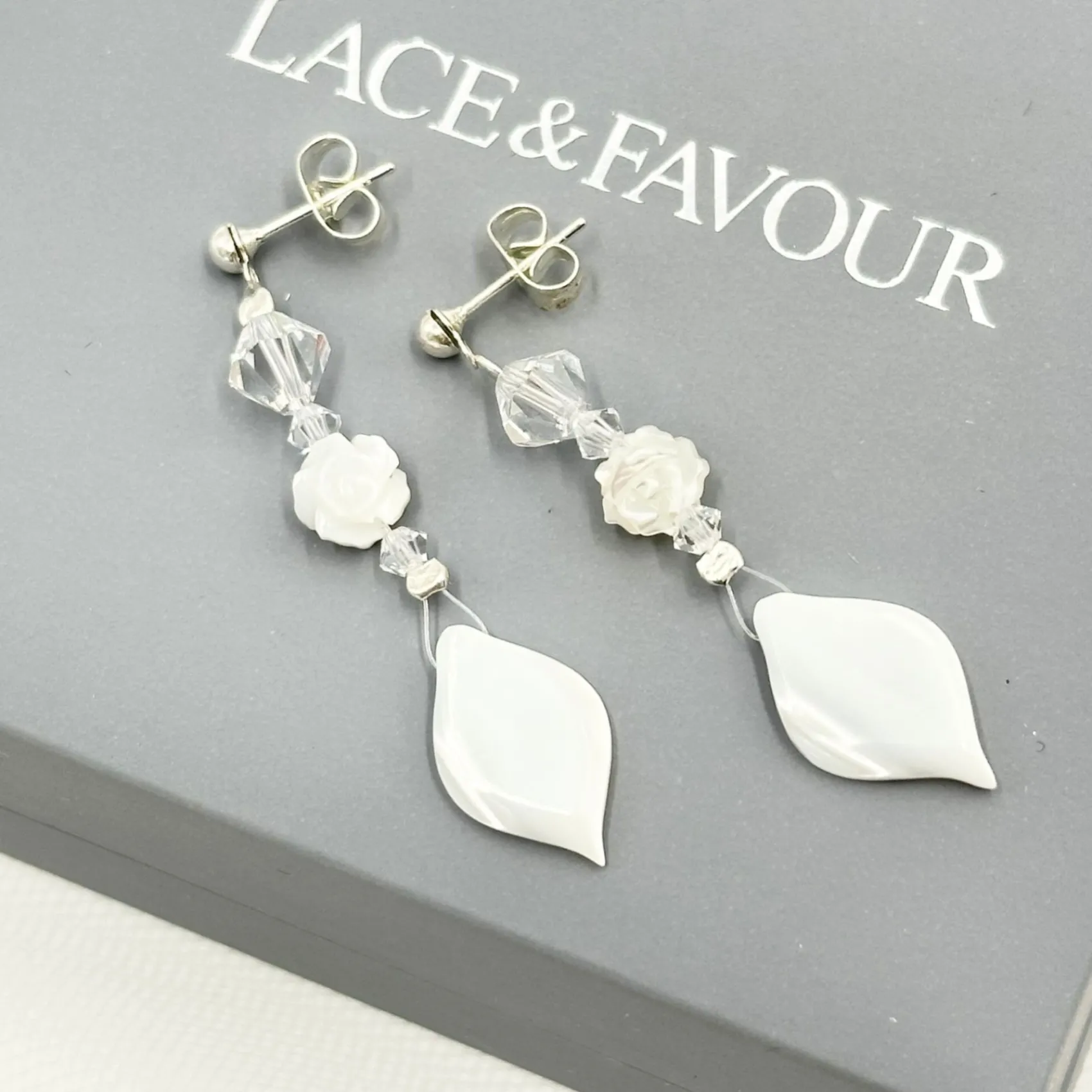 Beads & Beyond Crystal Jewellery | Silver Wedding Jewellery*Rosa Mae Pearlescent Floral Drop Earrings Off-White/ Silver