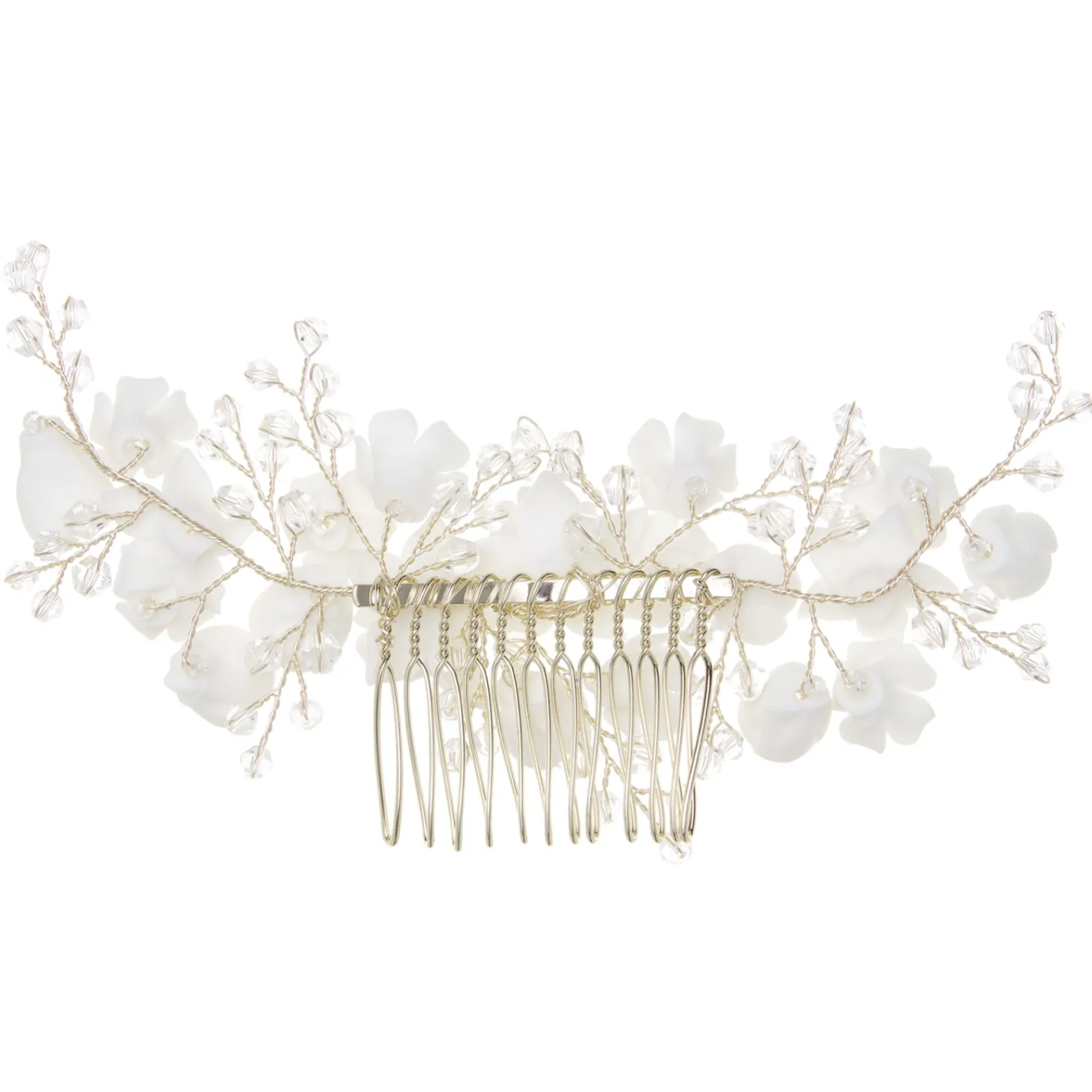Lace & Favour Crystal Hair Accessories | Gold Hair Accessories*Rosewood Porcelain Flowers and Crystal Gold Hair Comb Ivory/ Gold