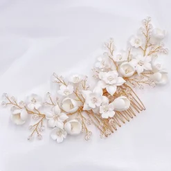 Lace & Favour Crystal Hair Accessories | Gold Hair Accessories*Rosewood Porcelain Flowers and Crystal Gold Hair Comb Ivory/ Gold
