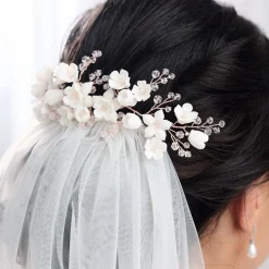 Lace & Favour Crystal Hair Accessories | Rose Gold Hair Accessories*Rosewood Porcelain Flowers and Crystal Rose Gold Hair Comb Ivory/ Rose Gold