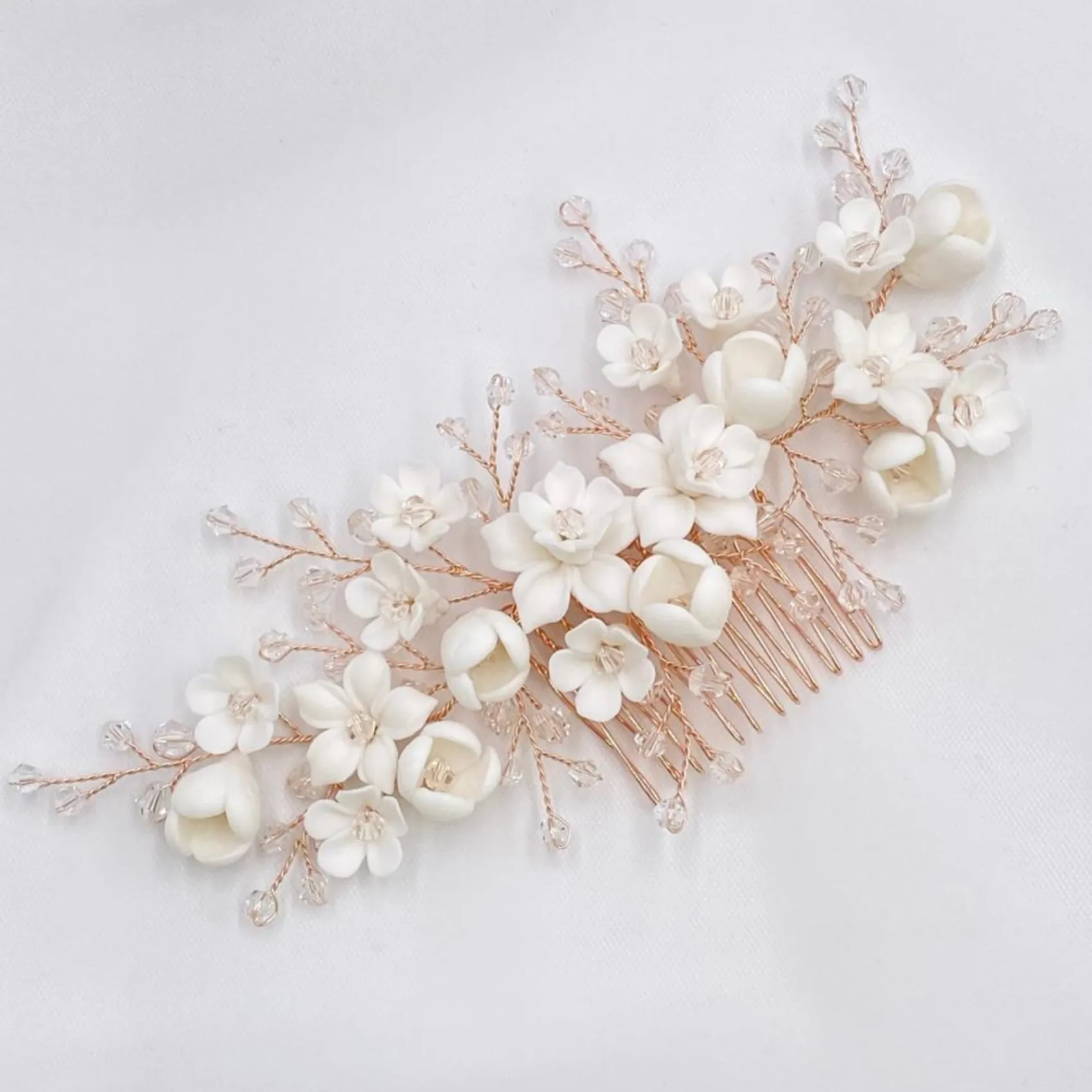 Lace & Favour Crystal Hair Accessories | Rose Gold Hair Accessories*Rosewood Porcelain Flowers and Crystal Rose Gold Hair Comb Ivory/ Rose Gold