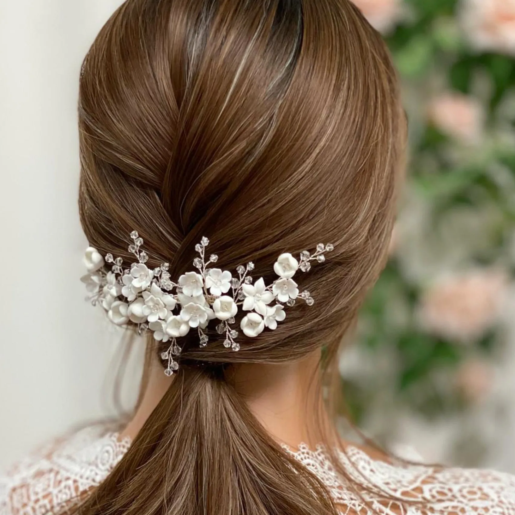 Lace & Favour Crystal Hair Accessories | Silver Hair Accessories*Rosewood Porcelain Flowers and Crystal Silver Hair Comb Ivory/ Silver