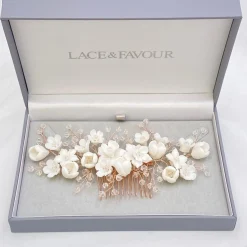 Lace & Favour Crystal Hair Accessories | Rose Gold Hair Accessories*Rosewood Porcelain Flowers and Crystal Rose Gold Hair Comb Ivory/ Rose Gold