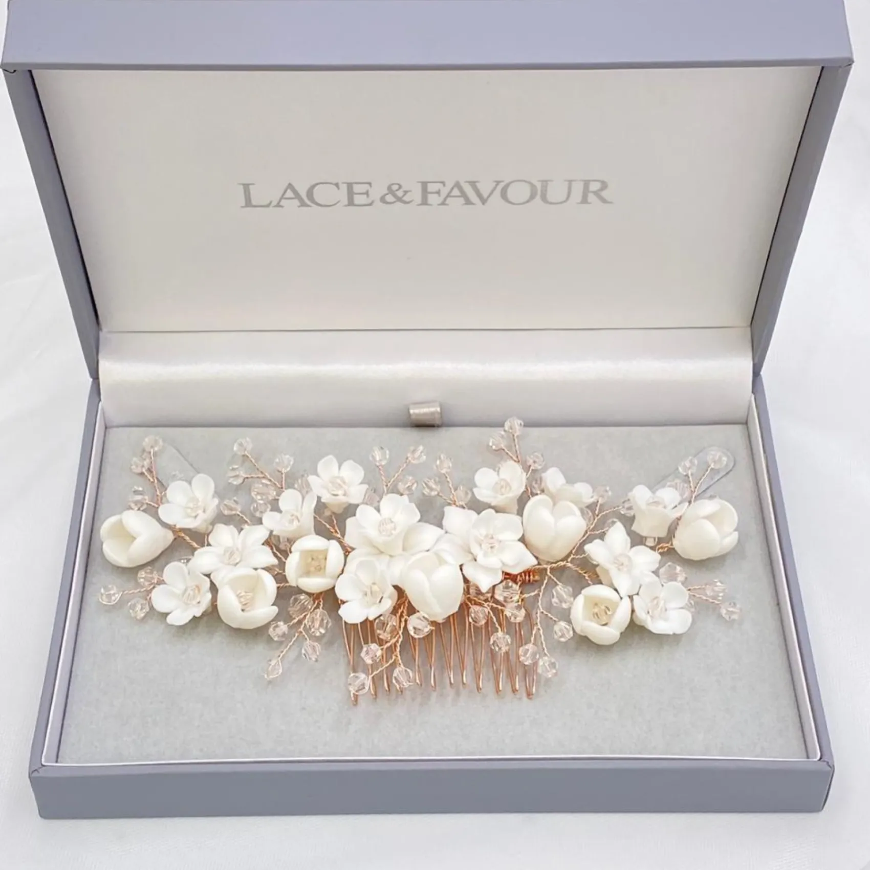 Lace & Favour Crystal Hair Accessories | Rose Gold Hair Accessories*Rosewood Porcelain Flowers and Crystal Rose Gold Hair Comb Ivory/ Rose Gold