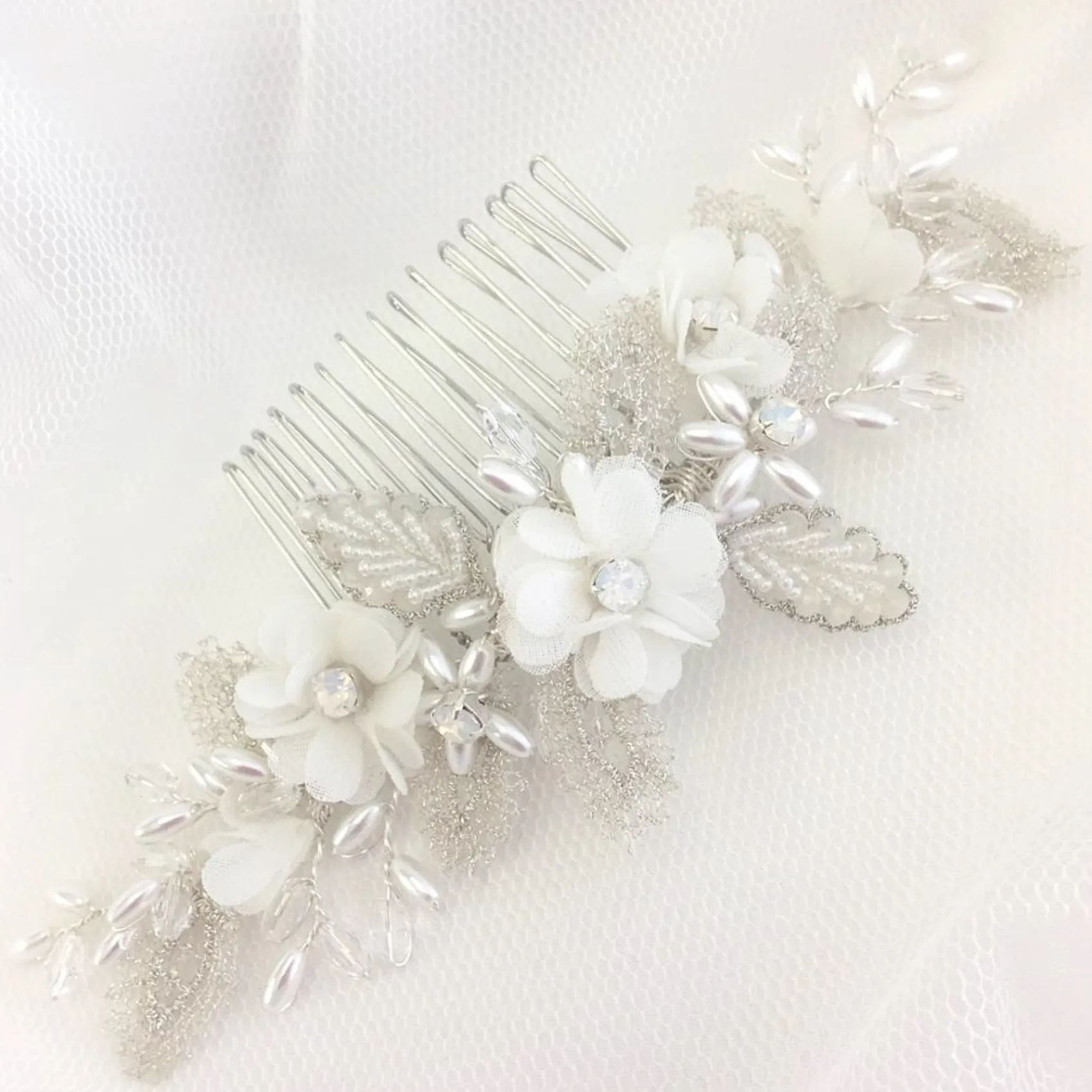 Beads & Beyond Bride Gifts | Silver Hair Accessories*Sabrina Beaded Leaves and Opal Crystal Ivory Flowers Hair Comb Ivory/ Silver