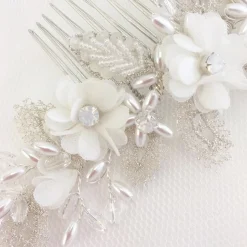 Beads & Beyond Bride Gifts | Silver Hair Accessories*Sabrina Beaded Leaves and Opal Crystal Ivory Flowers Hair Comb Ivory/ Silver