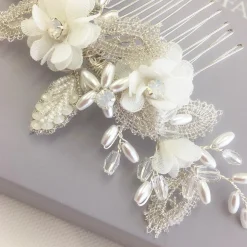 Beads & Beyond Bride Gifts | Silver Hair Accessories*Sabrina Beaded Leaves and Opal Crystal Ivory Flowers Hair Comb Ivory/ Silver