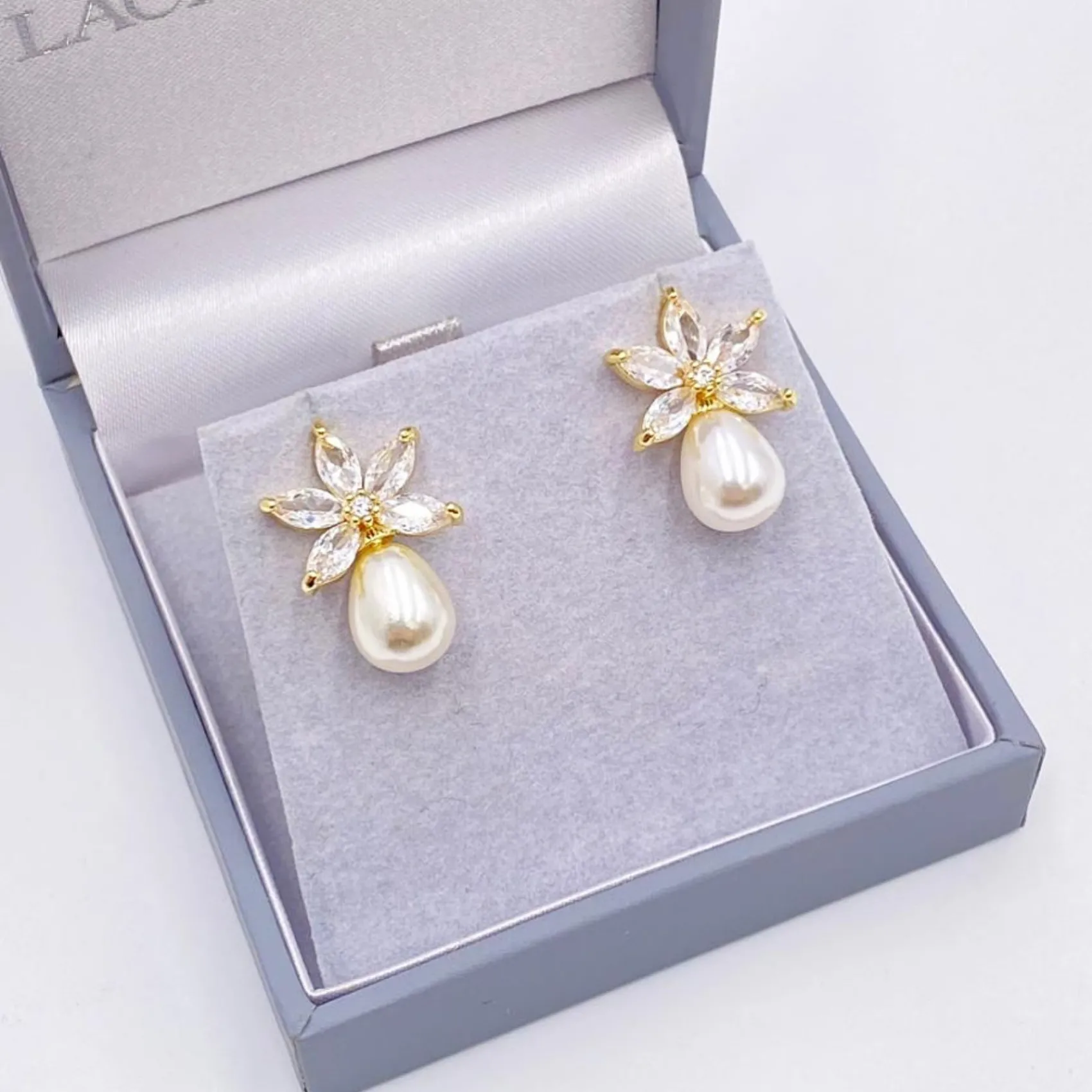 Lace & Favour Pearl Jewellery | Gold Wedding Jewellery*Sahara Gold Crystal Leaves and Teardrop Pearl Earrings Ivory/ Gold