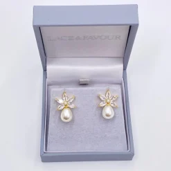 Lace & Favour Pearl Jewellery | Gold Wedding Jewellery*Sahara Gold Crystal Leaves and Teardrop Pearl Earrings Ivory/ Gold
