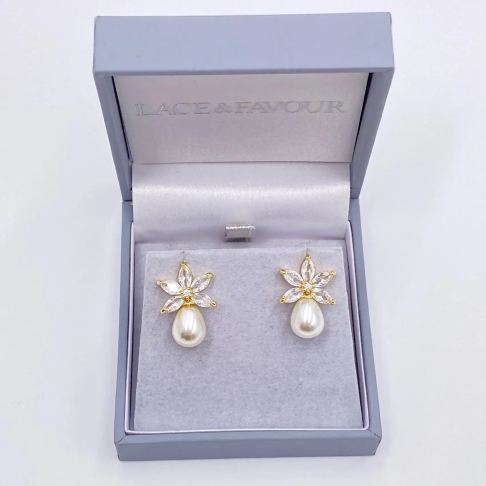 Lace & Favour Pearl Jewellery | Gold Wedding Jewellery*Sahara Gold Crystal Leaves and Teardrop Pearl Earrings Ivory/ Gold