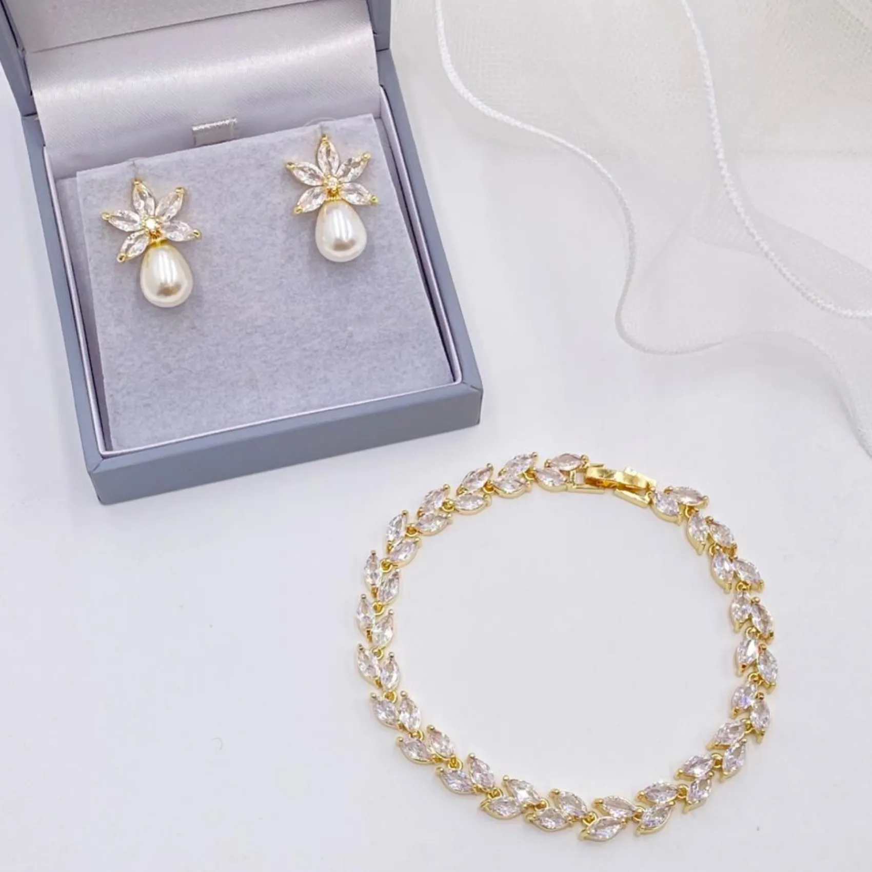 Lace & Favour Pearl Jewellery | Gold Wedding Jewellery*Sahara Gold Crystal Leaves and Teardrop Pearl Earrings Ivory/ Gold