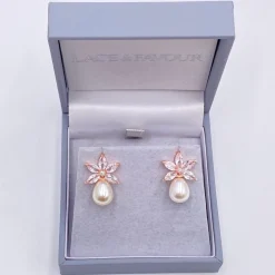 Lace & Favour Pearl Jewellery | Rose Gold Wedding Jewellery*Sahara Rose Gold Crystal Leaves and Teardrop Pearl Earrings Ivory/ Rose Gold