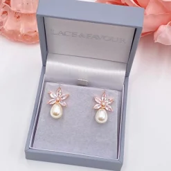 Lace & Favour Pearl Jewellery | Rose Gold Wedding Jewellery*Sahara Rose Gold Crystal Leaves and Teardrop Pearl Earrings Ivory/ Rose Gold