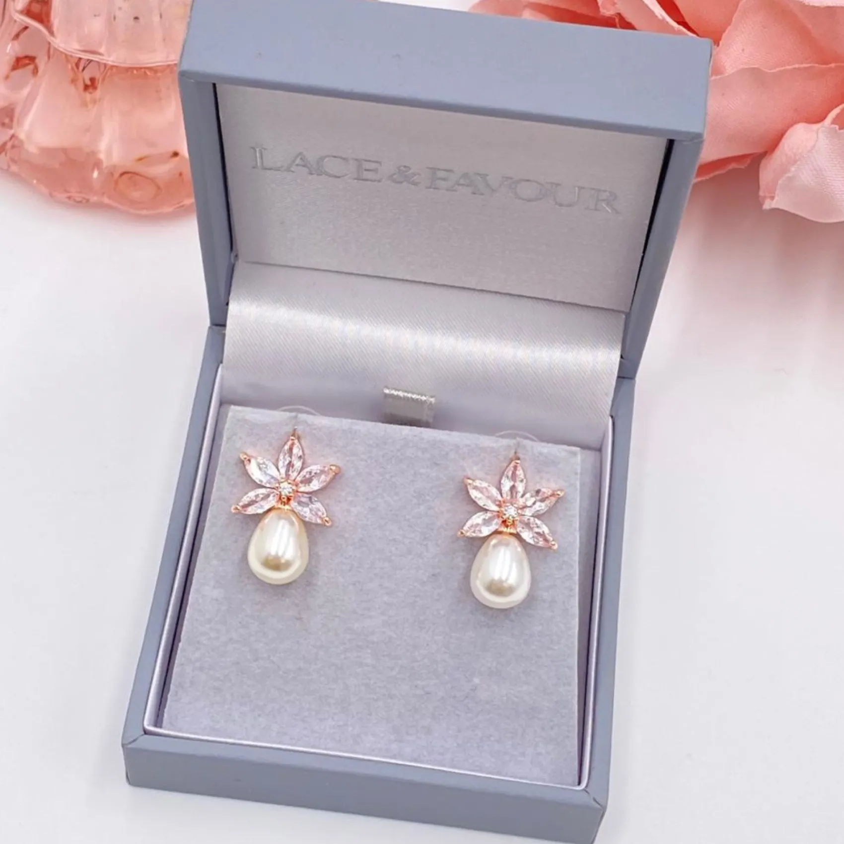 Lace & Favour Pearl Jewellery | Rose Gold Wedding Jewellery*Sahara Rose Gold Crystal Leaves and Teardrop Pearl Earrings Ivory/ Rose Gold