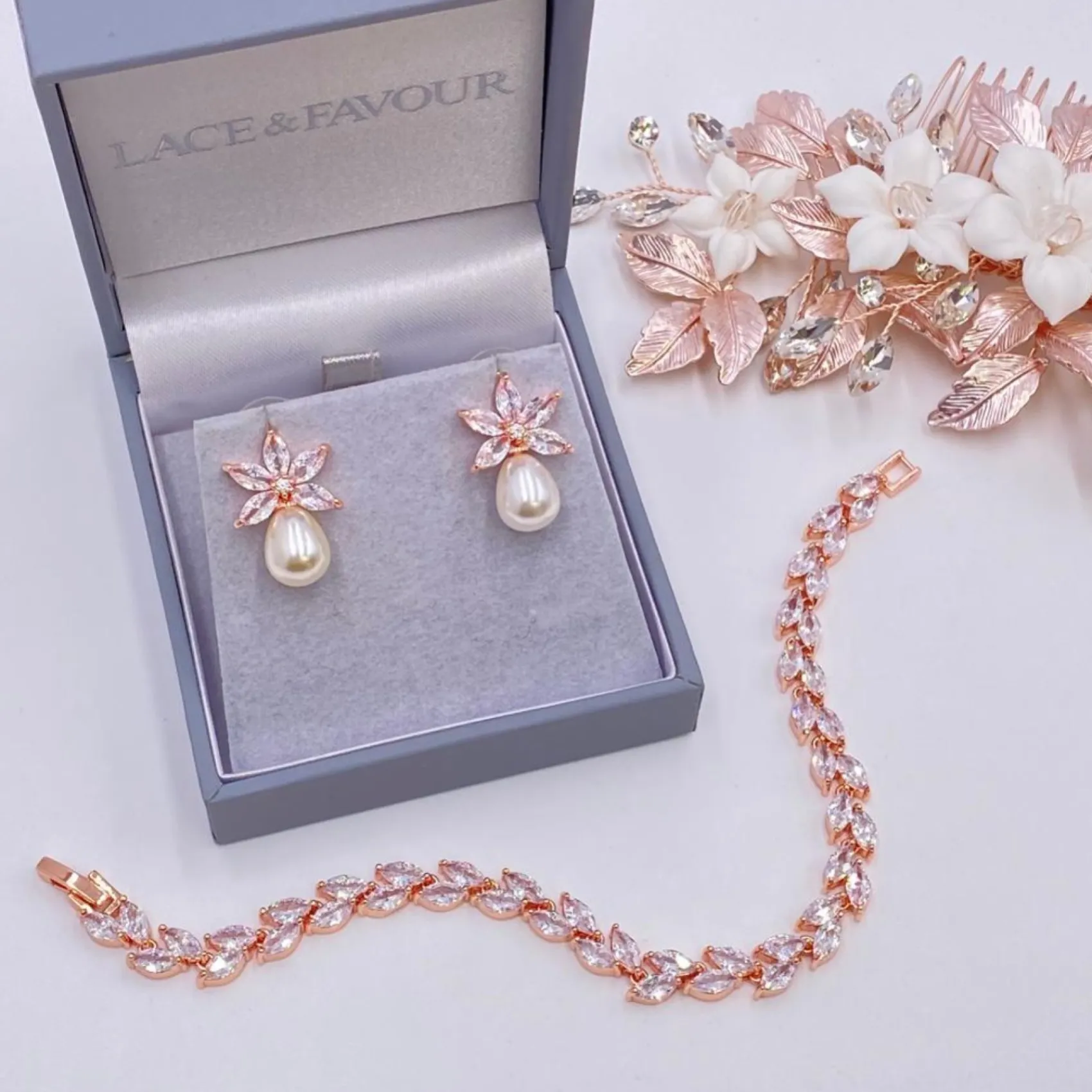 Lace & Favour Pearl Jewellery | Rose Gold Wedding Jewellery*Sahara Rose Gold Crystal Leaves and Teardrop Pearl Earrings Ivory/ Rose Gold