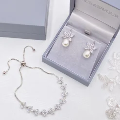 Lace & Favour Pearl Jewellery | Silver Wedding Jewellery*Sahara Silver Crystal Leaves and Teardrop Pearl Earrings Ivory/ Silver