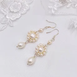 Lace & Favour Pearl Jewellery | Silver Wedding Jewellery*Selaina Floral Freshwater Pearl Chandelier Earrings Ivory/ Silver