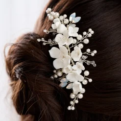 Lace & Favour Crystal Hair Accessories | Pearl Hair Accessories*Seychelles Ivory Porcelain Flowers, Pearl and Crystal Hair Comb Ivory/ Silver