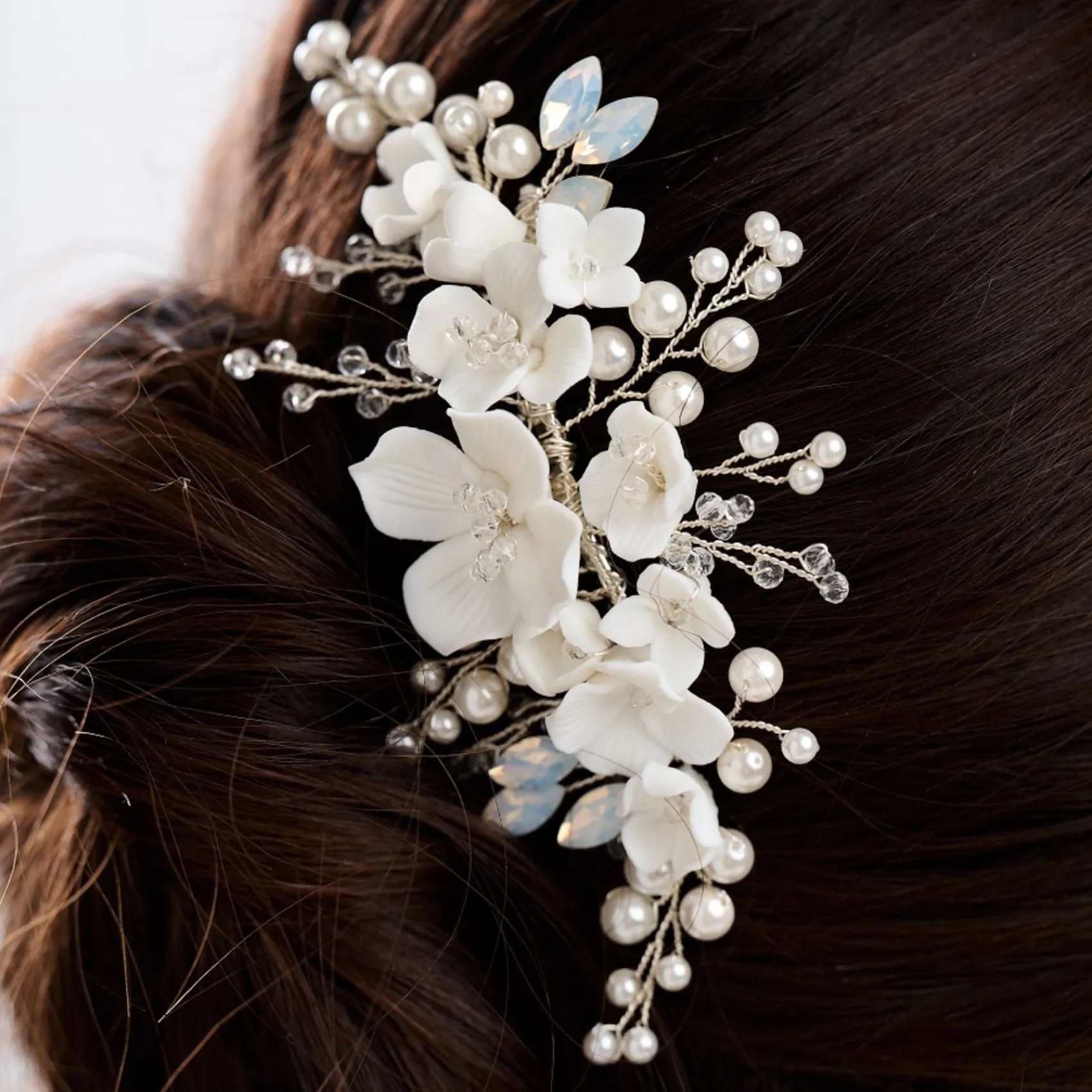 Lace & Favour Crystal Hair Accessories | Pearl Hair Accessories*Seychelles Ivory Porcelain Flowers, Pearl and Crystal Hair Comb Ivory/ Silver