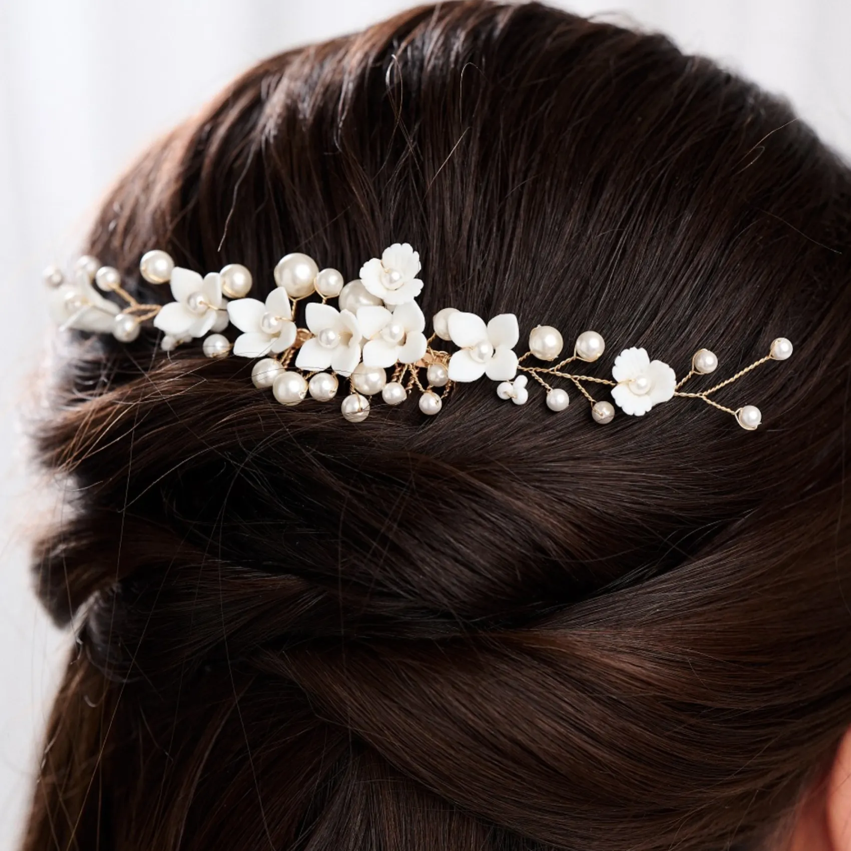Lace & Favour Pearl Hair Accessories | Gold Hair Accessories*Skye Porcelain Flowers and Pearl Bridal Hair Comb (Gold) Ivory/ Gold