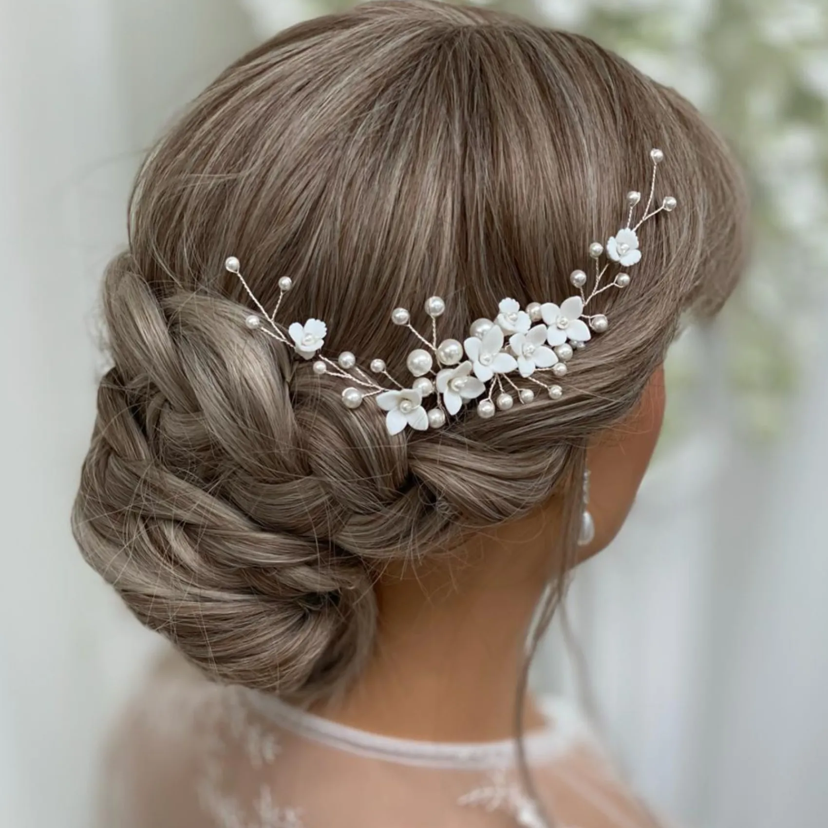 Lace & Favour Pearl Hair Accessories | Silver Hair Accessories*Skye Porcelain Flowers and Pearl Hair Comb (Silver) Ivory/ Silver