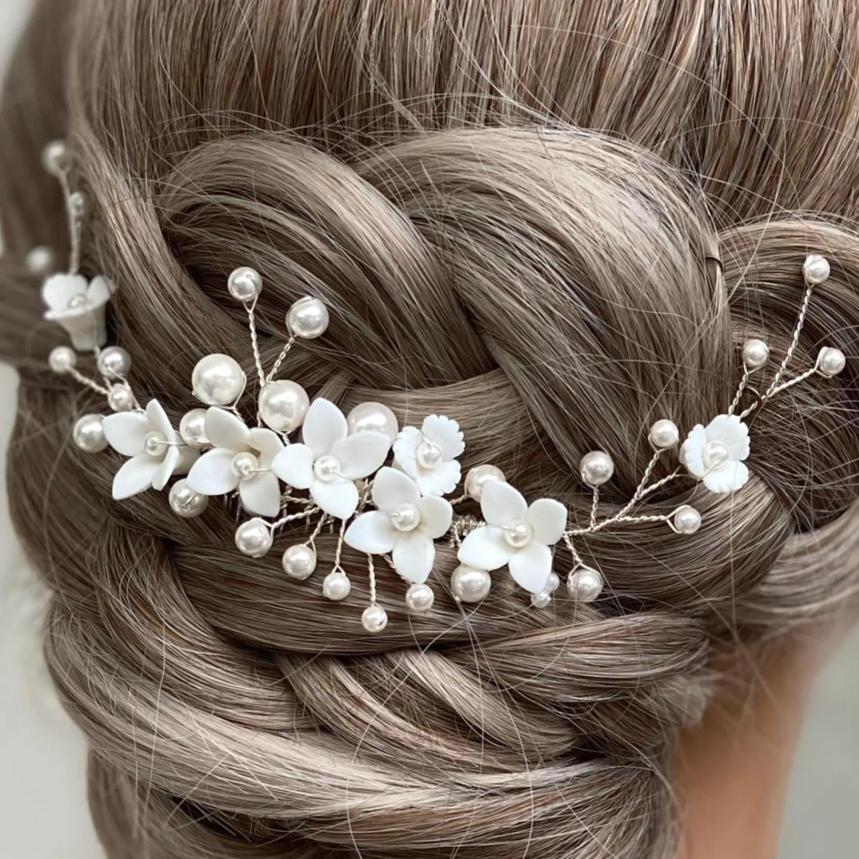 Lace & Favour Pearl Hair Accessories | Silver Hair Accessories*Skye Porcelain Flowers and Pearl Hair Comb (Silver) Ivory/ Silver