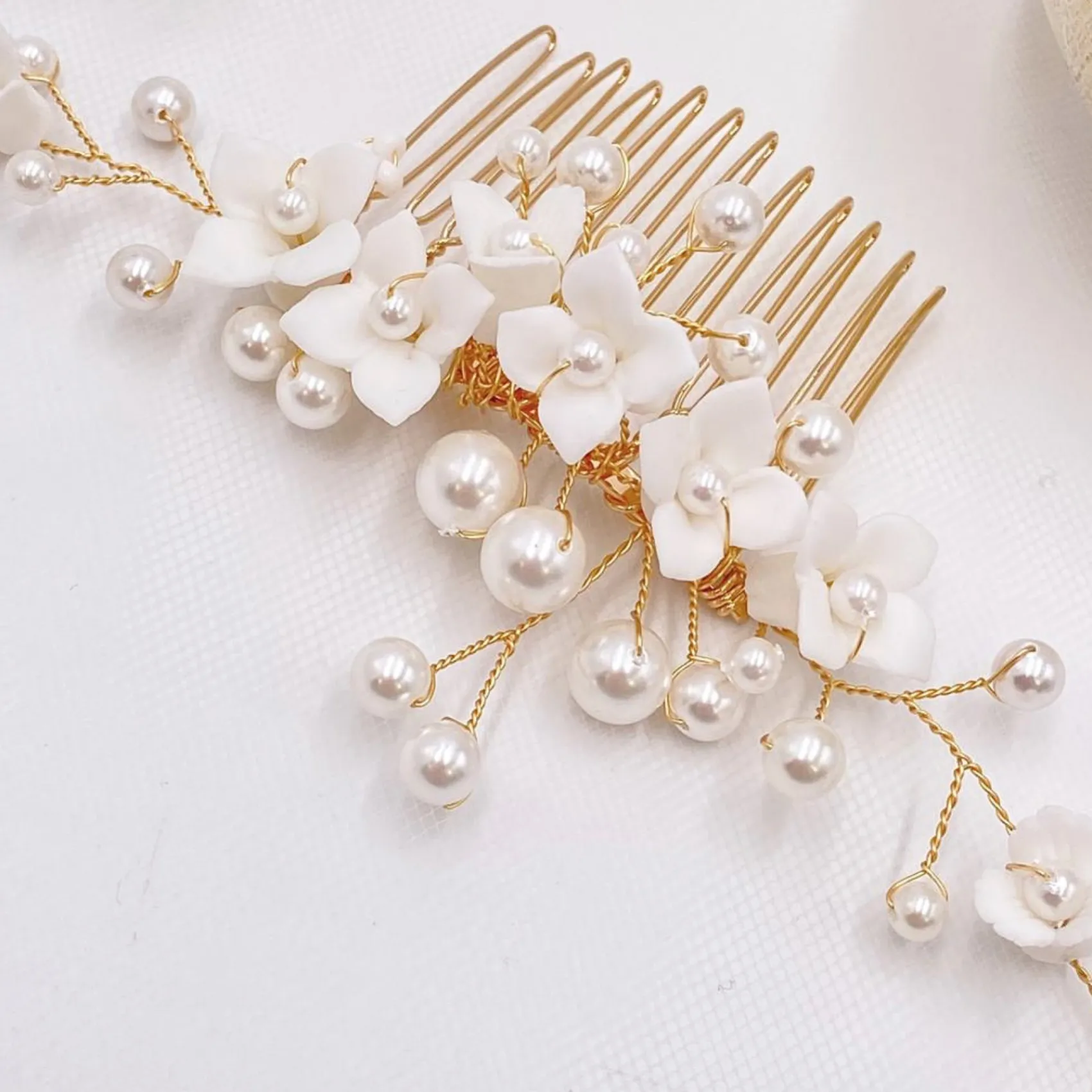 Lace & Favour Pearl Hair Accessories | Gold Hair Accessories*Skye Porcelain Flowers and Pearl Bridal Hair Comb (Gold) Ivory/ Gold