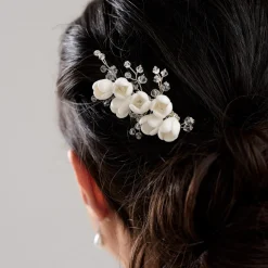 Lace & Favour Crystal Hair Accessories | Silver Hair Accessories*Snowdrop Porcelain Flowers and Crystal Mini Hair Comb Ivory/ Silver