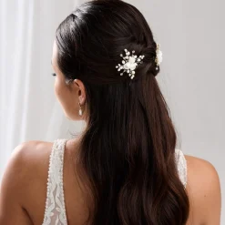 Lace & Favour Bride Gifts | Pearl Hair Accessories*Snowdrop Porcelain Flowers and Freshwater Pearl Hair Pin (Gold) Ivory/ Gold