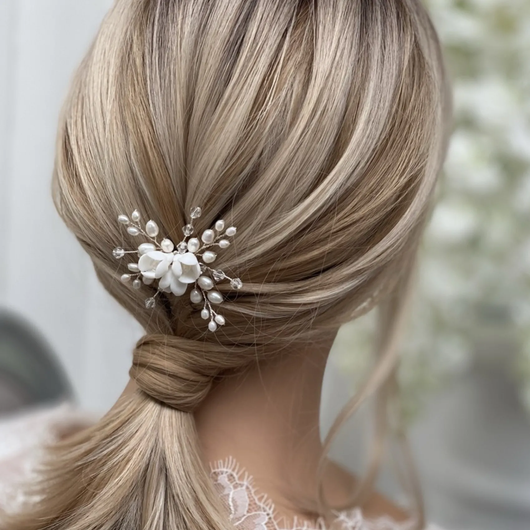 Lace & Favour Bride Gifts | Pearl Hair Accessories*Snowdrop Porcelain Flowers and Freshwater Pearl Hair Pin (Silver) Ivory/ Silver