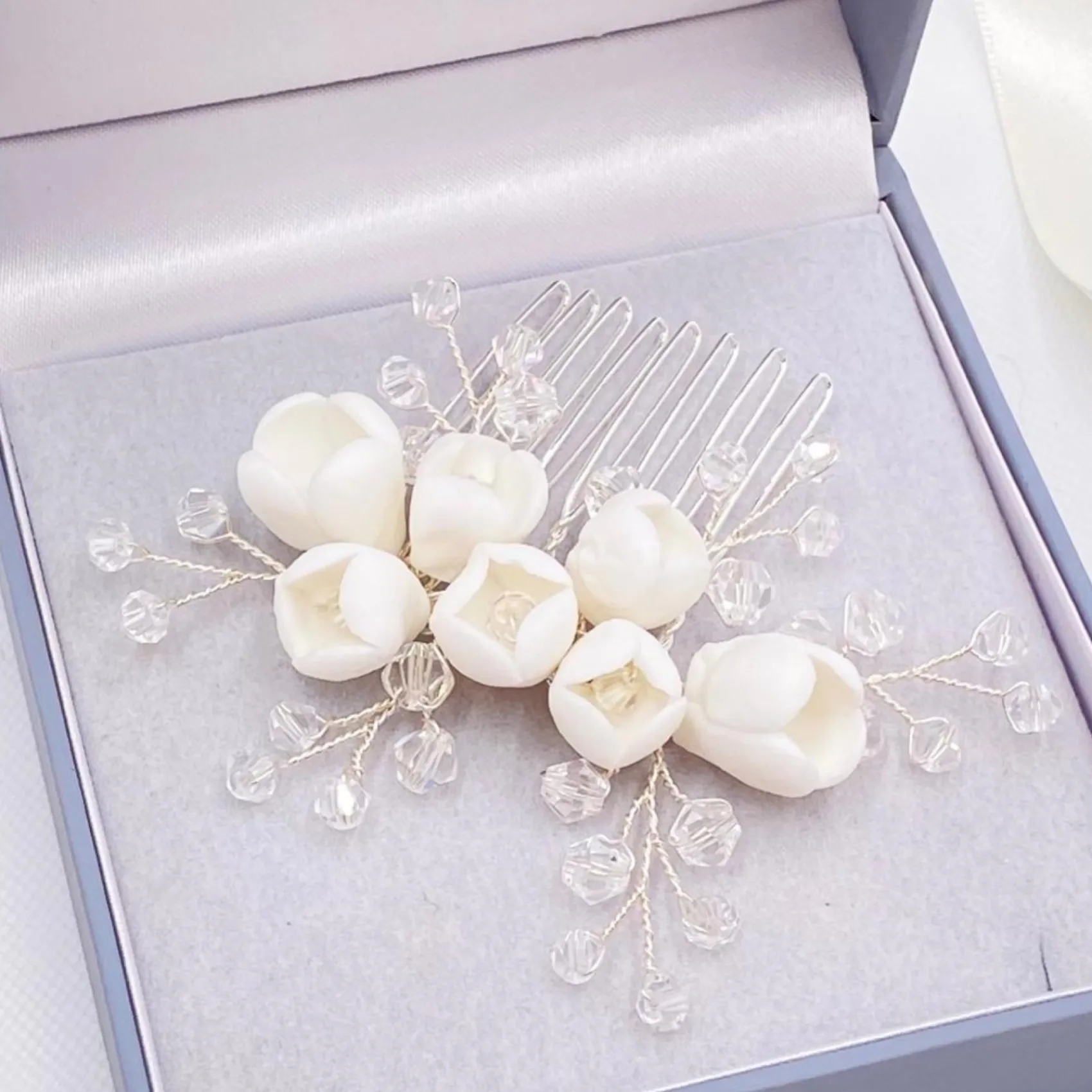 Lace & Favour Crystal Hair Accessories | Silver Hair Accessories*Snowdrop Porcelain Flowers and Crystal Mini Hair Comb Ivory/ Silver