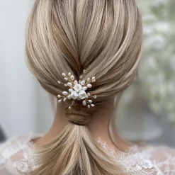 Lace & Favour Bride Gifts | Pearl Hair Accessories*Snowdrop Porcelain Flowers and Freshwater Pearl Hair Pin (Gold) Ivory/ Gold
