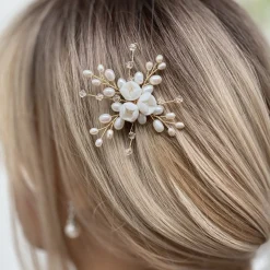 Lace & Favour Bride Gifts | Pearl Hair Accessories*Snowdrop Porcelain Flowers and Freshwater Pearl Hair Pin (Gold) Ivory/ Gold