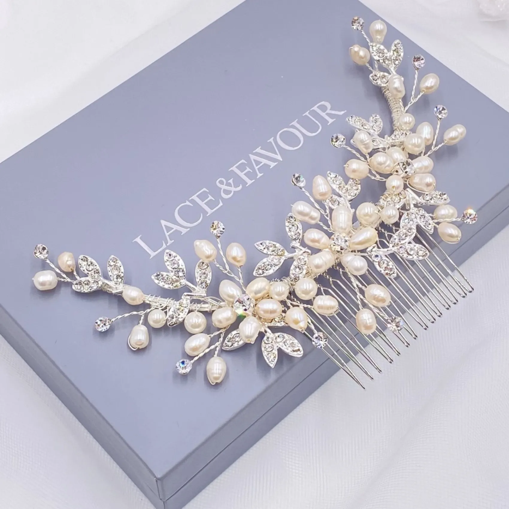 Twilight Designs Pearl Hair Accessories | Silver Hair Accessories*Sophia Freshwater Pearl and Crystal Leaves Hair Comb Ivory/ Silver