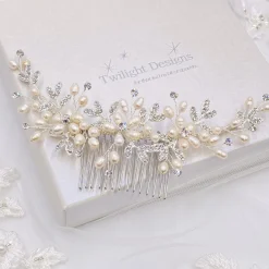 Twilight Designs Pearl Hair Accessories | Silver Hair Accessories*Sophia Freshwater Pearl and Crystal Leaves Hair Comb Ivory/ Silver