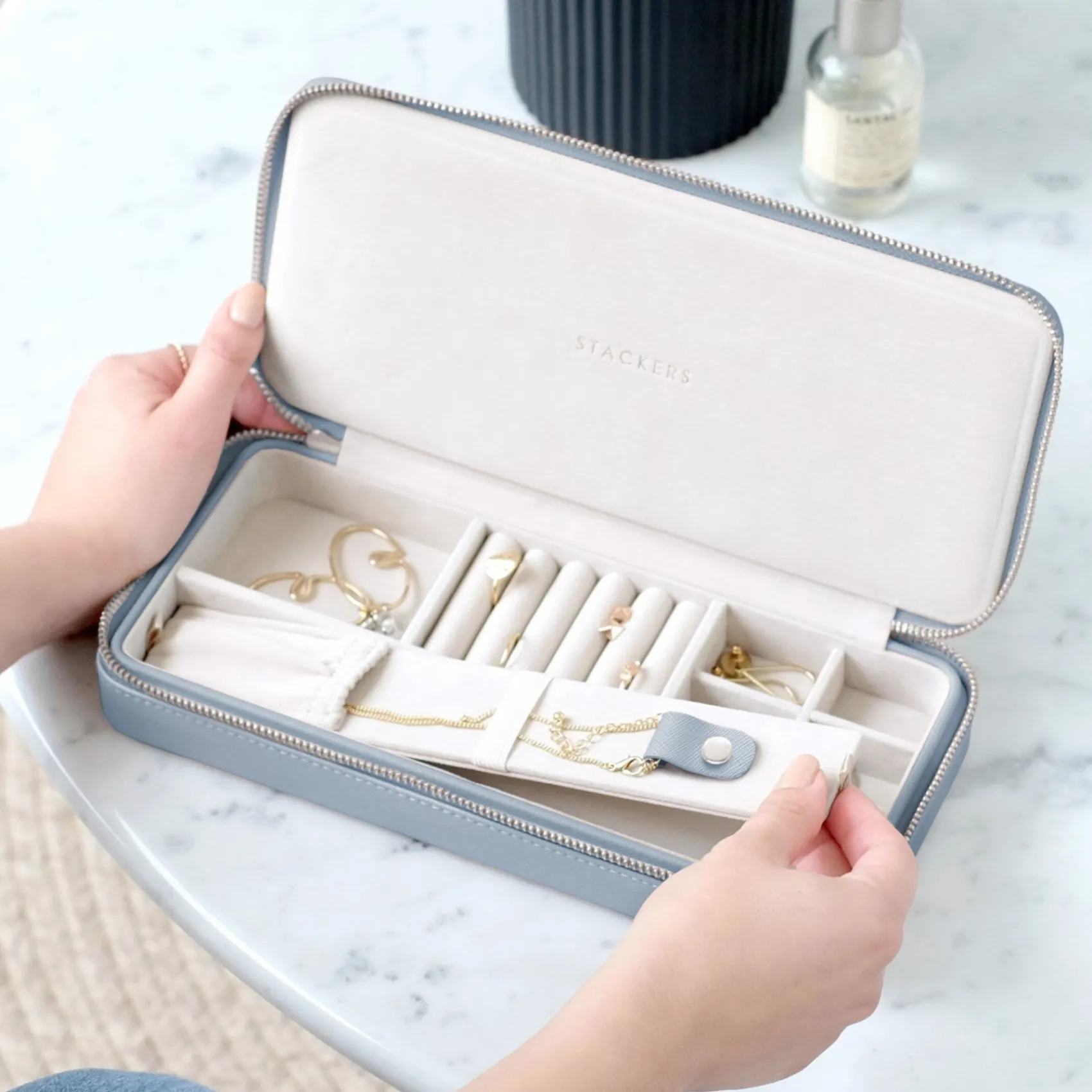Stackers Something Blue Gifts | Mother Of The Groom Gifts*Dusky Blue Sleek Necklace Zipped Travel Jewellery Box Blue/ Grey