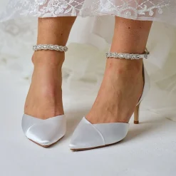 Perfect Bridal Wedding Shoes | Mid Heel*Summer Dyeable Satin Crystal Ankle Strap Court Shoes Ivory