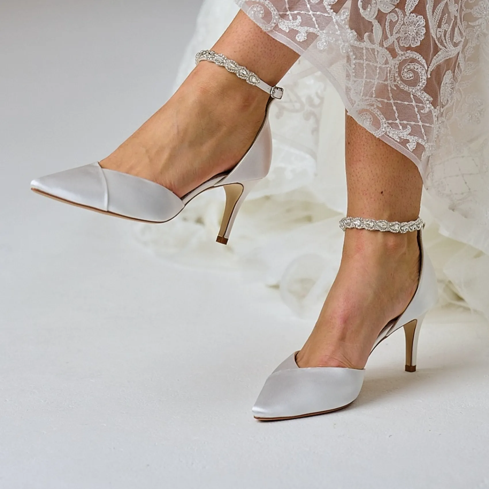 Perfect Bridal Wedding Shoes | Mid Heel*Summer Dyeable Satin Crystal Ankle Strap Court Shoes (Wide Fit) Ivory