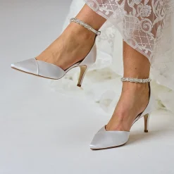 Perfect Bridal Wedding Shoes | Mid Heel*Summer Dyeable Satin Crystal Ankle Strap Court Shoes Ivory