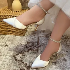 Perfect Bridal Wedding Shoes | Mid Heel*Summer Dyeable Satin Crystal Ankle Strap Court Shoes (Wide Fit) Ivory