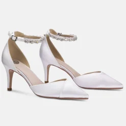 Perfect Bridal Wedding Shoes | Mid Heel*Summer Dyeable Satin Crystal Ankle Strap Court Shoes Ivory