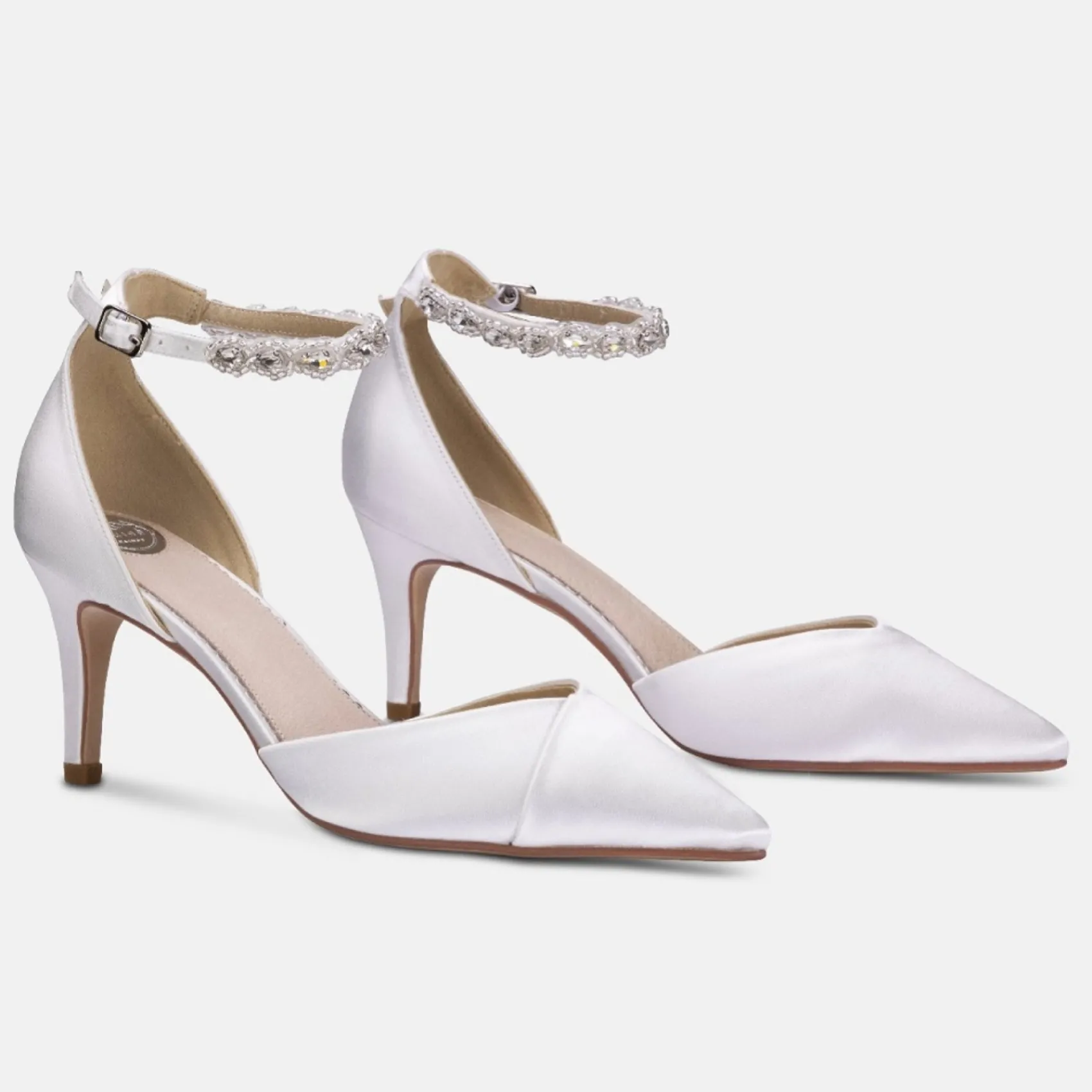 Perfect Bridal Wedding Shoes | Mid Heel*Summer Dyeable Satin Crystal Ankle Strap Court Shoes Ivory