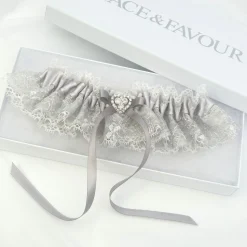 Boudoir Couture Bride Gifts | Bridal Garters*Surrender Silver Satin and Lace Garter with Crystal Heart and Detail Silver/ Ivory