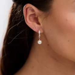 Lace & Favour Bridesmaid Gifts | Bride Gifts*Tahiti Rose Gold Pearl Drop Crystal Huggie Hoop Earrings Ivory/ Rose Gold