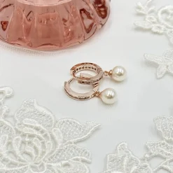 Lace & Favour Bridesmaid Gifts | Bride Gifts*Tahiti Rose Gold Pearl Drop Crystal Huggie Hoop Earrings Ivory/ Rose Gold
