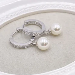 Lace & Favour Bridesmaid Gifts | Bride Gifts*Tahiti Silver Pearl Drop Crystal Huggie Hoop Earrings Ivory/ Silver