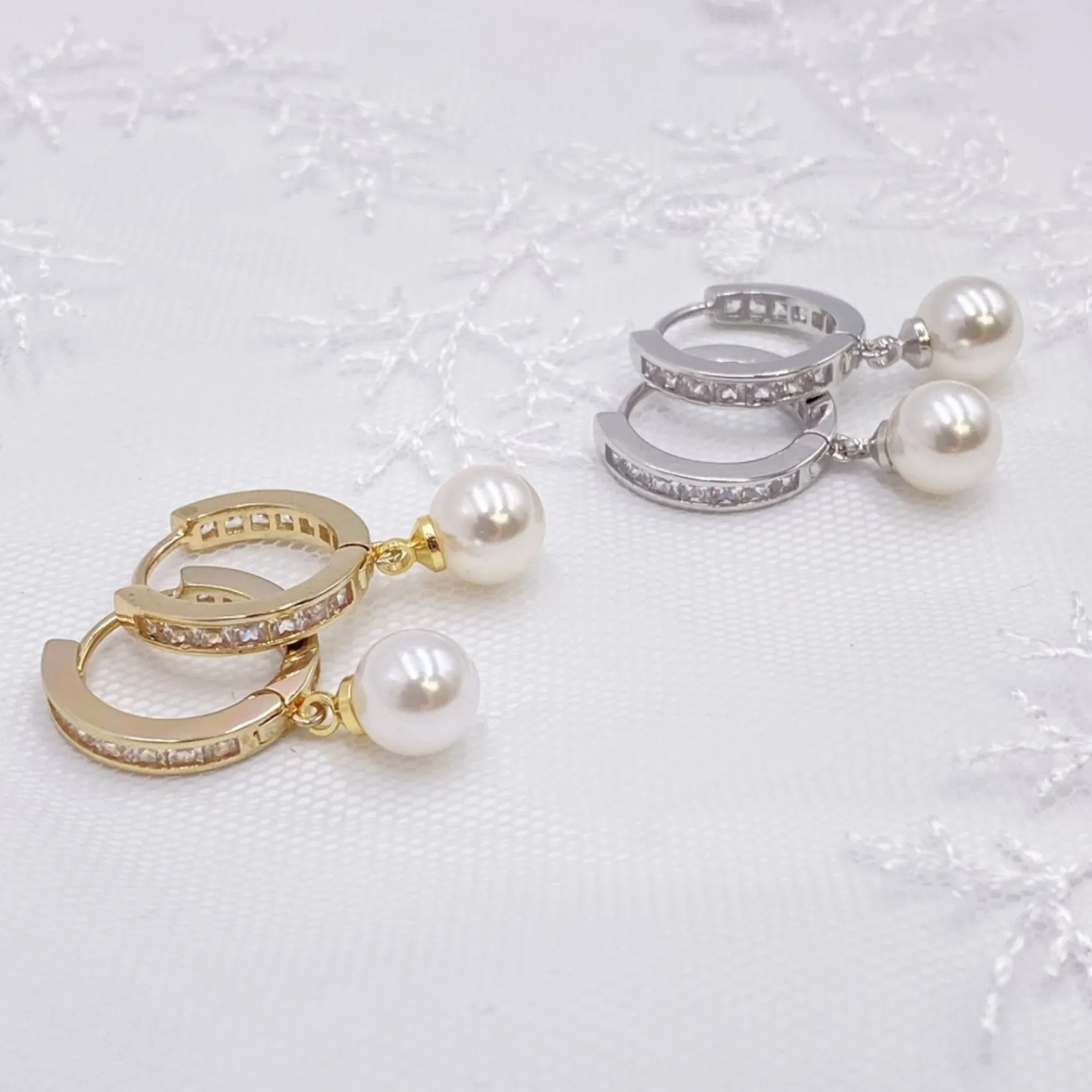 Lace & Favour Bridesmaid Gifts | Bride Gifts*Tahiti Silver Pearl Drop Crystal Huggie Hoop Earrings Ivory/ Silver