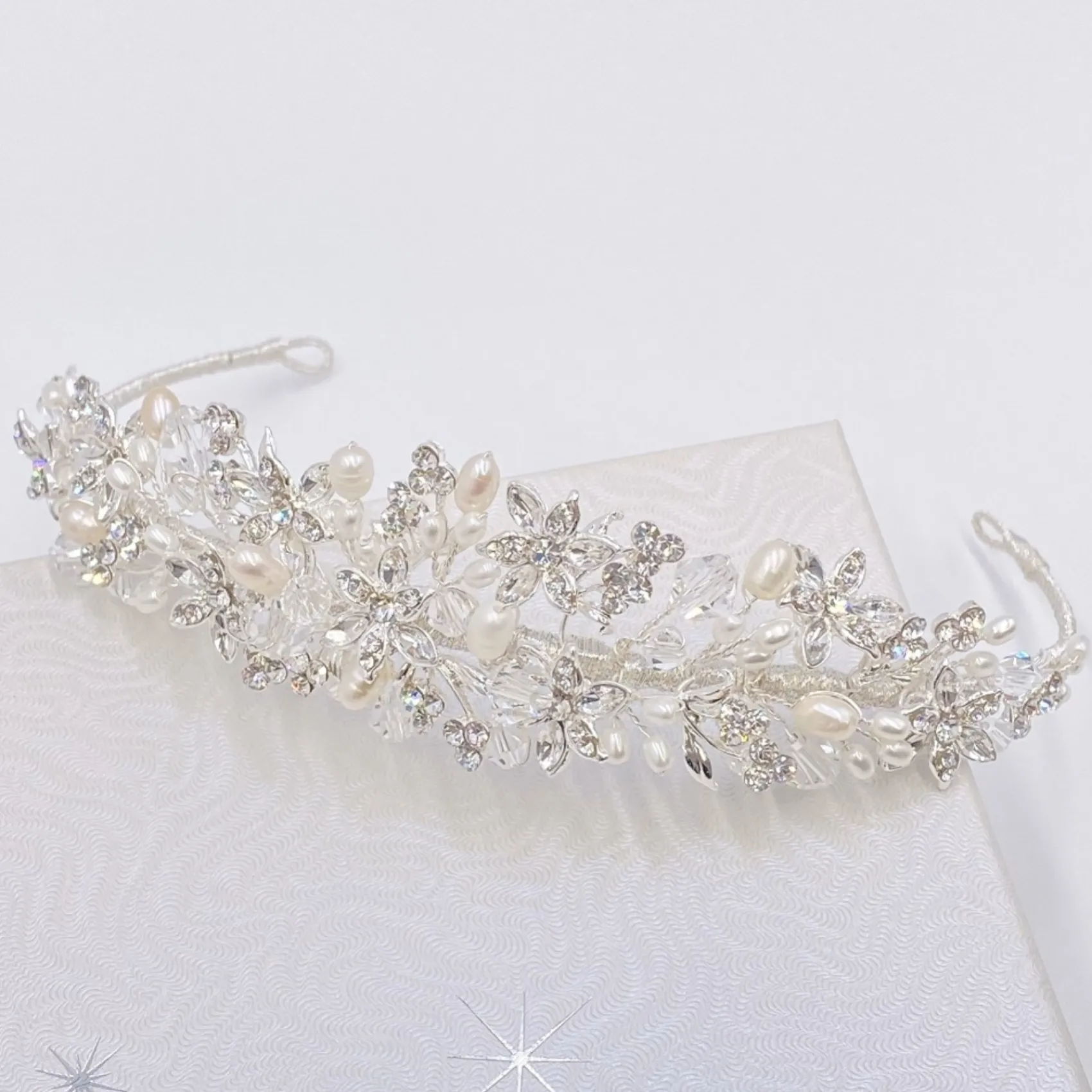 Twilight Designs Pearl Hair Accessories | Silver Hair Accessories*Tahlia Freshwater Pearl, Diamante Flowers and Crystal Tiara Ivory/ Silver