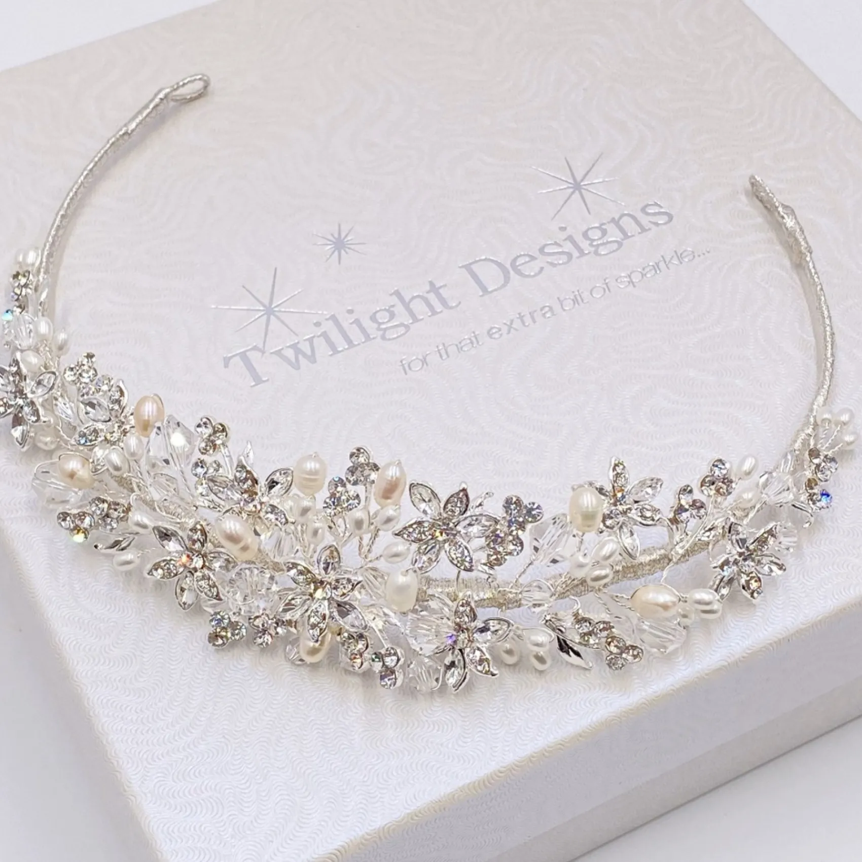 Twilight Designs Pearl Hair Accessories | Silver Hair Accessories*Tahlia Freshwater Pearl, Diamante Flowers and Crystal Tiara Ivory/ Silver